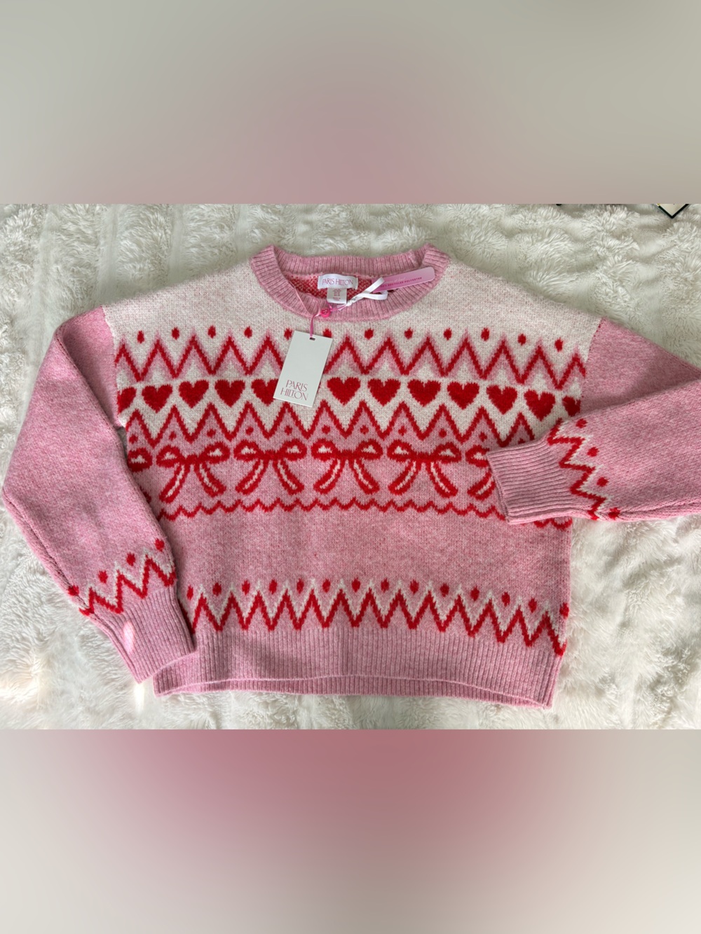 Paris Hilton Pink and Red Fair Isle Crewneck Sweater